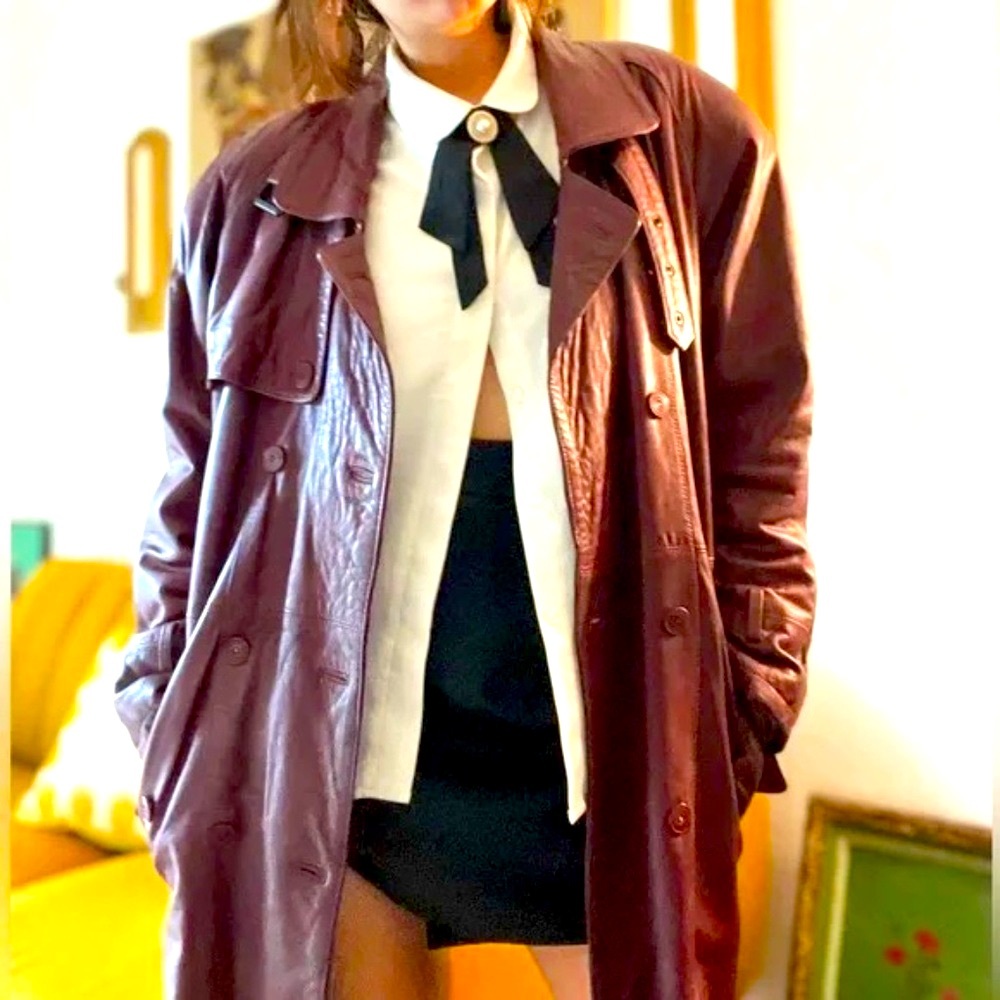 Vintage-Inspired Women’s Burgundy Leather Trench Coat